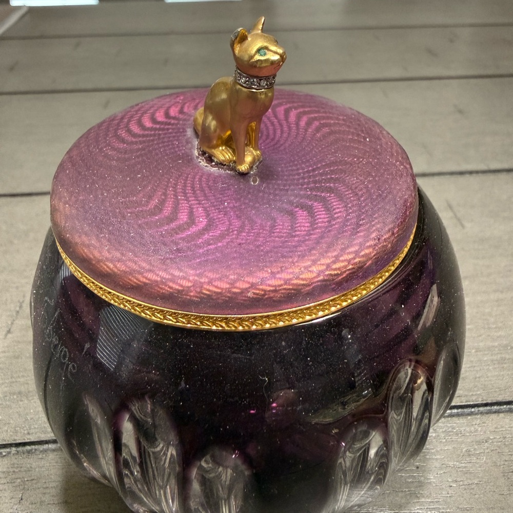 RARE Faberge Purple and Gold Cat Glass Decor Box